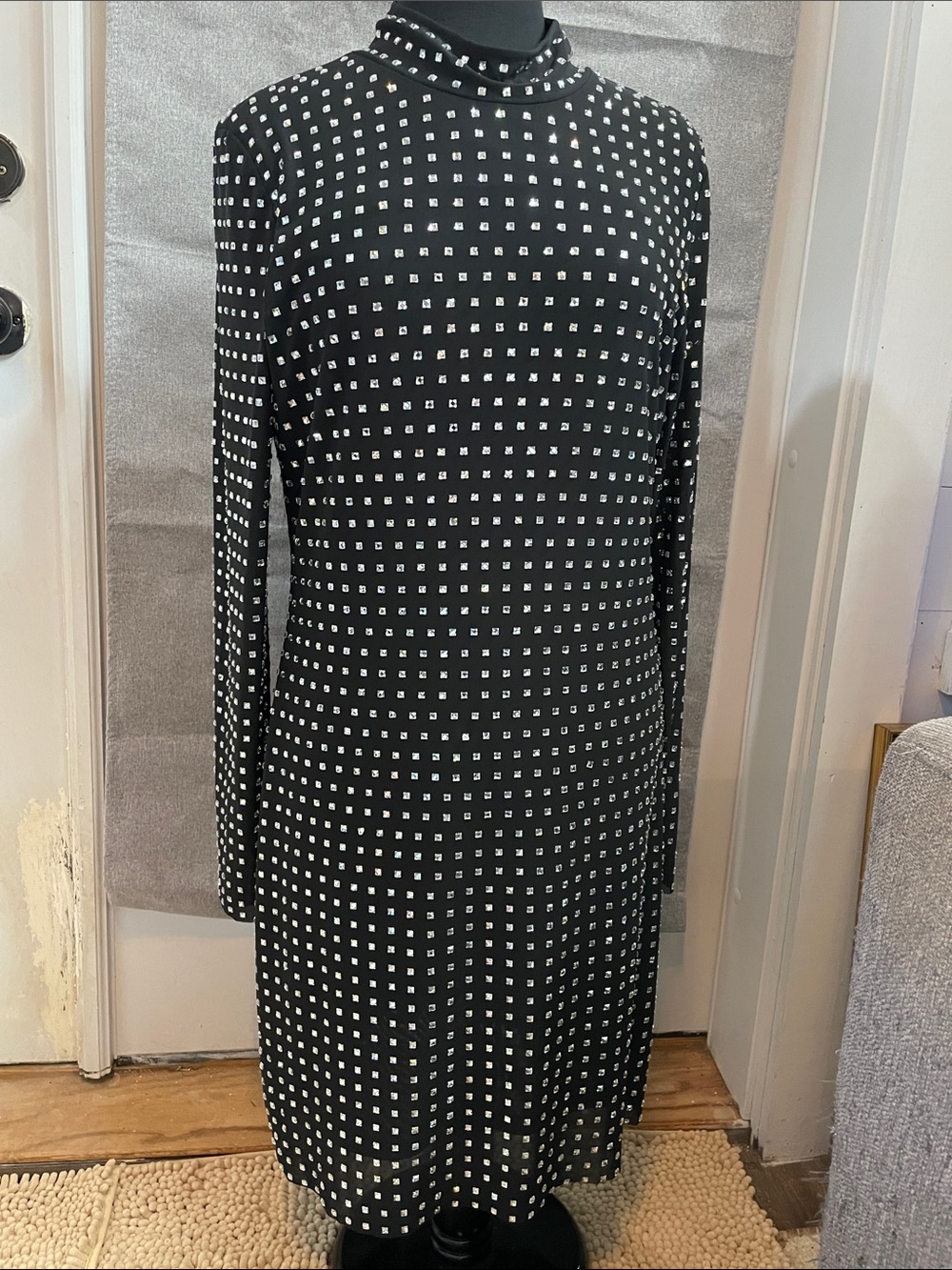 Steve Madden Black Long-Sleeve Square crystals all over Midi Dress